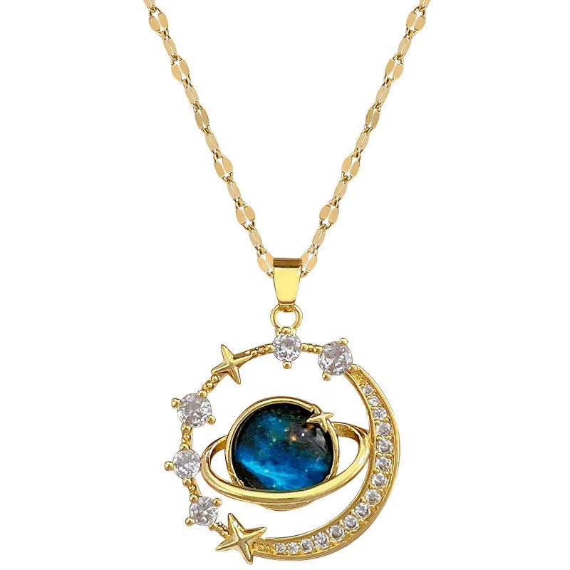 Luxury Inlaid Zircon Planet Moon Pendant Necklace For Women Titanium Steel Butterfly Water