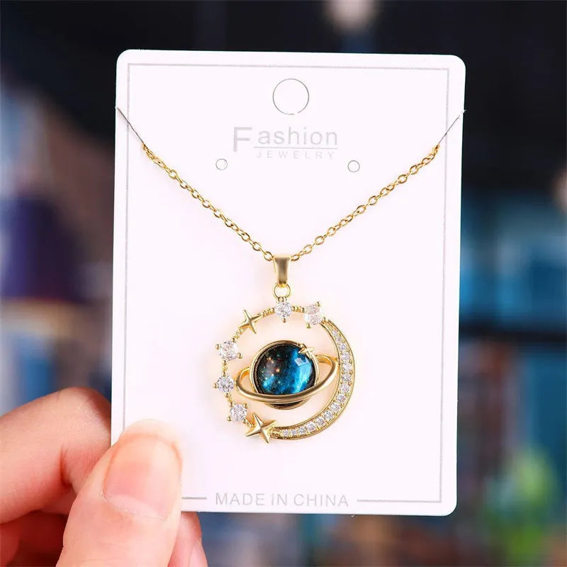 Luxury Inlaid Zircon Planet Moon Pendant Necklace For Women Titanium Steel Butterfly Water